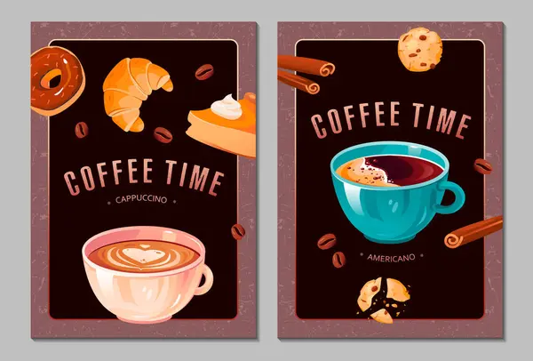 Coffee Time Posters Coffee Types Flyers Collection Cappuccino Americano Hot — Stock Vector