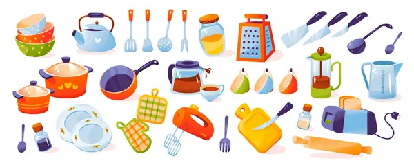 Köksredskap För Matlagning Köksgeråd Matbestick Och Köksmaskiner Tecknad Vektor Illustration — Stock vektor