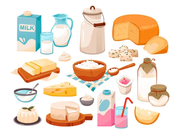 Zestaw Produktów Mlecznych Organiczne Domowe Jedzenie Ilustracja Wektora Kreskówki — Wektor stockowy