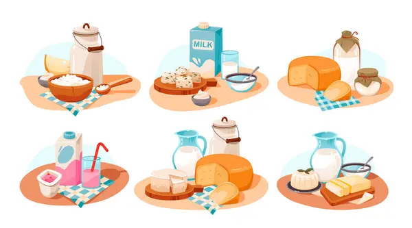 Mjölkprodukter Inställda Ekologisk Hemlagad Mat Tecknad Vektor Illustration — Stock vektor