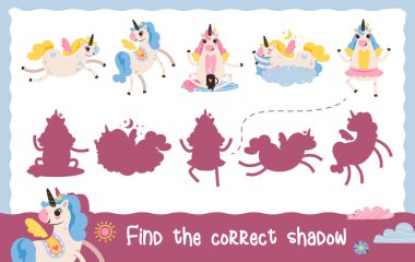 Tek boynuzlu atları olan doğru gölgeyi bul. Çocuklar için eğitici bir oyun. Çizgi film vektör illüstrasyonu