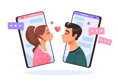 Sevgililer telefonda aşk mesajları ve öpücükler gönderir. Sevgililer Günü. Çizgi film vektör illüstrasyonu