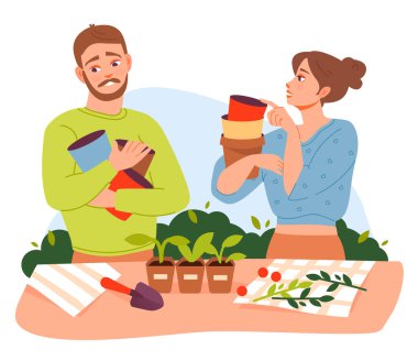 Organik bahçıvanlık. Genç bir çift birlikte bitki ekiyor. Çiçek saksıları olan kadın ve erkek. Düz çizgi film çizimi.