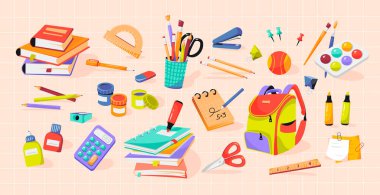 Ofis malzemeleri. Kitap yığınları, defterler, ofis ve okul için yazım malzemeleri. Okula dönelim. Düz vektör illüstrasyonu