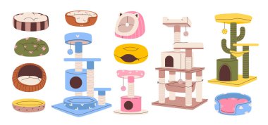 Scratching posts, beds and houses for cats. Accessories for pet sleep and play. Vector illustration set