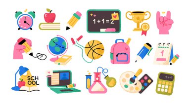 Okul ve ofis malzemeleri. Kırtasiye simgesi ayarlandı. Okula dönelim. Düz vektör illüstrasyonu