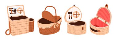 Çeşitli hasır piknik sepetleri. Açık hava eğlencesi. Hamper takımı 