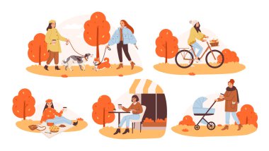 Kadınlar sonbahar parkında yürürler, boş zamanların tadını çıkarırlar. Sonbahar parkı sahneleri, kadınları, köpekleri gezdirirken, bisiklete binerken, kafede otururken ve bebek arabasıyla yürürken gösteriyor. Düz vektör illüstrasyonu 