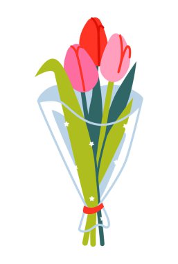 Güzel ambalaj kağıdında bir buket lale. Düz vektör çizimi beyaz arkaplanda izole edildi.