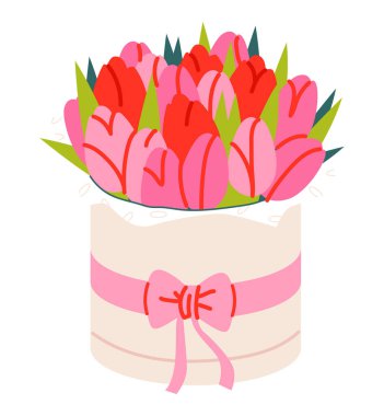 Güzel ambalaj kağıdında bir buket lale. Düz vektör çizimi beyaz arkaplanda izole edildi.