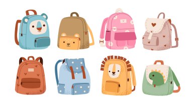 Okul çantaları beyaz arka planda izole edilmiş. Çocuklar için sevimli okul çantaları. Düz vektör illüstrasyonu.