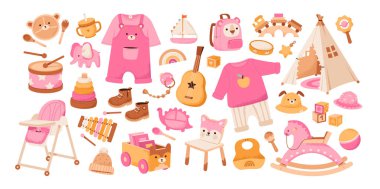 Çocuklar pembe oyuncak seti. Bebek için güzel aksesuarlar, kıyafetler ve bulaşıklar. Çocukluk, çocuk oyunları, anaokulu aktiviteleri konsepti. Düz vektör illüstrasyonu.