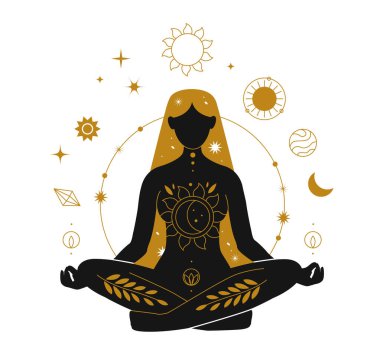 Gizemli ve gizemli kadın siluetleri. Sihirli yoga kadınları. Göksel vektör illüstrasyonu.
