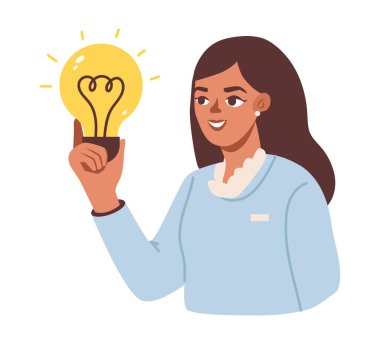 Elinde ampul olan bir kadın. Bir fikrim var. İş konsepti. Düz vektör illüstrasyonu.