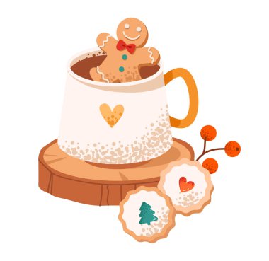 Kakaolu ve zencefilli kurabiyeli bir kupa. Noel içkisi. Düz vektör illüstrasyonu.