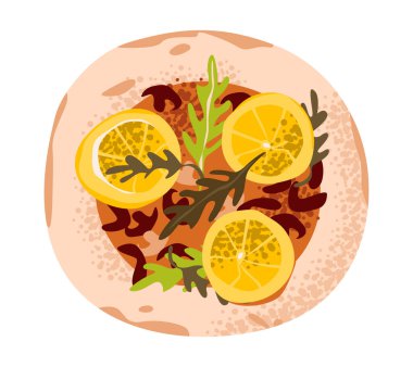 Limonlu ve otlu vejetaryen pizza. Düz vektör illüstrasyonu.