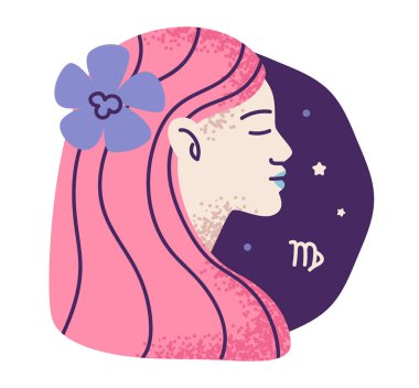 Başak burcu, bakire kız. Astroloji tasarımı, burç temaları için mükemmel olan Başak analitik ve detay odaklı doğayı vurgular. Düz vektör illüstrasyonu