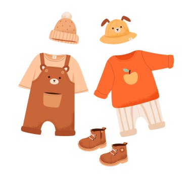  Çocuklar rahat kazaklar, şapkalar ve eğlenceli ayakkabılar giyer. Düz vektör çizimi.