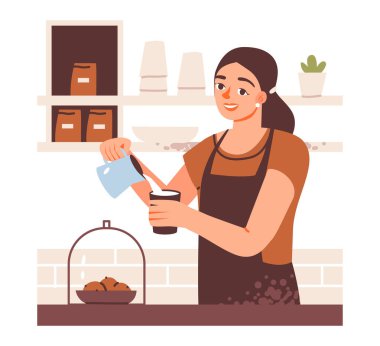 Barista yerel bir kahve dükkanında taze bir espresso hazırlıyor. Kadın baristayla samimi bir kahve evi. Düz vektör illüstrasyonu.