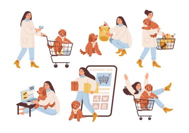 Köpekli bir kadın dükkanda alışveriş yapıyor. Alışveriş yapan ve evcil hayvan besleyen giysi ve aksesuar alıyor. Hayvan bakımı, perakende faaliyetleri, evcil hayvanlar ve sahipleri. Düz Çizim.
