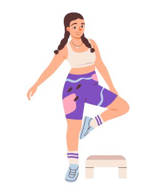 Değişik spor yapan, esneyen ve aerobik aktivitelere katılan bir kadın. Spor salonunda bayan sporcu fitnes ve pilates. Düz vektör illüstrasyonu.