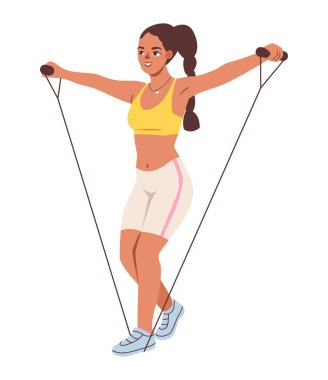 Spor salonunda esneyen, güç ve esnekliğe odaklanan bir kadın. Fitness, sağlık ve egzersiz. Düz vektör illüstrasyonu.