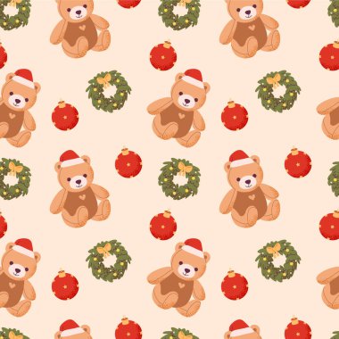 Tatil sezonu için oyuncak ayılar ve çelenklerin yer aldığı rahat, şenlikli bir Noel deseni. Hediye ve dekora sarılmış kusursuz desen