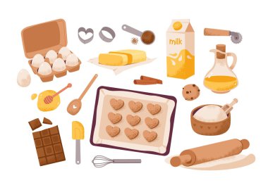 Pastane malzemeleri hazır. Ev yapımı yemek, pasta hazırlığı. Düz vektör illüstrasyonu