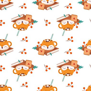 Sıcak çikolata ve marşmelovlu, neşeli zencefilli kurabiyeler ve mevsimlik dekorasyonlarla çevrili rahat Noel kupaları içeren kusursuz bir desen. Tatil tasarımları, hediye paketi veya kış tekstil ürünleri için