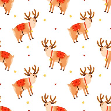 Çekici bir Noel geyiği içeren kusursuz bir şenlik deseni. Tatil tekstil ürünleri, hediye paketi ve dekoratif arka planlar için.