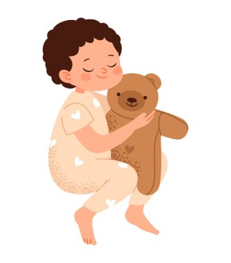 Sevimli bebek oyuncak ayıyla uyuyor. Çocuk vektör illüstrasyonu