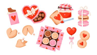 Valentines Day sweets, chocolates, candies and fortune cookies. Festive  romantic treats. A vibrant flat vector illustration set. clipart