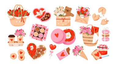 Sevgililer Günü buketleri, güller, çikolatalar ve oyuncak ayılar. Sepet dolusu tatlı, çiçek aranjmanı ve aşk notları. Romantik illüstrasyon