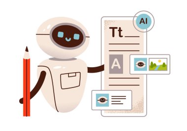 Yazılı içerik oluşturan robot asistanı. Yapay zeka kullanarak metnin çevirisi ve yazımı. Düz vektör illüstrasyonu