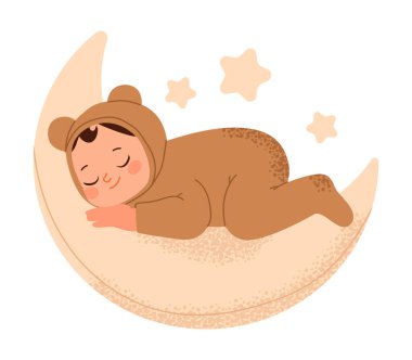Hilal şeklinde bir yastıkta rahat pijamalar içinde uyuyan bebek. Bebek partisi, çocuk odası dekoru. Düz vektör illüstrasyonu