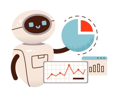 Robot ve yapay zeka kavramı. Robot analiz eder. Düz vektör illüstrasyonu