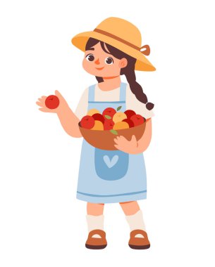 Elinde taze sebzelerle dolu bir sepet tutan kız. Düz vektör çizimleri beyaz arkaplanda izole edildi