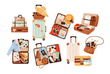 Seyahat aksesuarları yerleştirilmiş bavullar. Seyahat gereksinimleri bavul, pasaport ve kamera gibi. Turizm, macera seyahatleri ve paketleme konsepti. Düz vektör illüstrasyonu