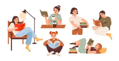 İnsanlar kitap okur. Kitaplar, hobiler ve eğitim konsepti. Öğrenci romandan zevk alıyor. Düz vektör illüstrasyon seti