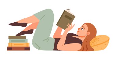 A woman reads a book while lying on a cozy pillow. A young student enjoying her favorite book in a tranquil setting. Flat vector illustration clipart