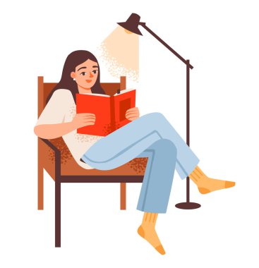 Koltukta kitap okuyan bir kadın. Bir kadın kitap severin eğlencesinin modern vektör çizimi. Açık kitabı olan bir kadın.