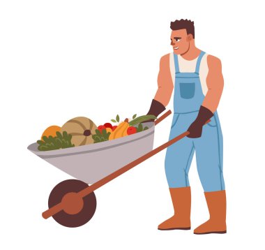 Ekinleri toplayan at arabalı bir adamın düz vektörü. Çevre dostu tarım ve kırsal yaşam