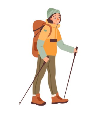 Yürüyüş direkleri ve sırt çantası olan bir kadın yürüyüşçü. Macera, açık hava seyahati ve eko-turizm. Modern düz vektör illüstrasyonu