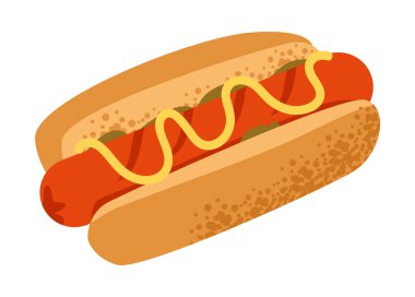 Kızarmış sosisli sandviç ve malzemeler. Fast food reklamları, yaz barbekü sahneleri ya da sokak yemekleri görselleri. Hardal, ketçap ve piknik malzemeleri. Düz vektör illüstrasyonu