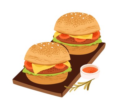 Taze sebzeli ızgara burger. Fast food, taze sebzeler ve piknik havası. Düz vektör illüstrasyonu