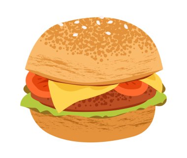 Taze sebzeli hamburger. Fast food ve piknik havası. Düz vektör illüstrasyonu