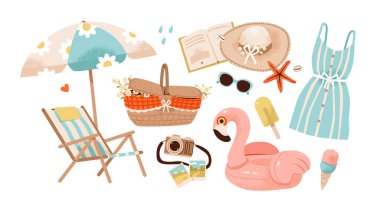 Tropikal elementler, plaj şemsiyesi, flamingo ve dondurmayla yaz tatili sahnesi. Her gezide şezlong, sepet ve güneş gözlüğü, tatil ya da piknik için mükemmel. Mevsimlik, tropikal atmosfer. Düz vektör illüstrasyonu.