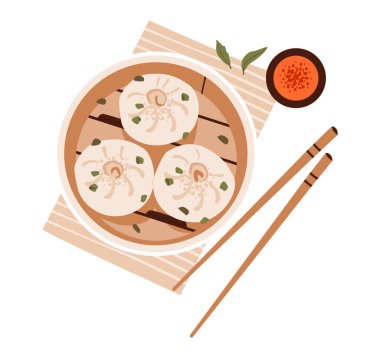 Lezzetli Çin mantısı ve börek. Bambu sepetindeki Dim Sum 'un düz vektör çizimi. Geleneksel Çin hamur tatlısı ve mutfak elementleri rahat bir düzen içinde