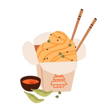 Yemek çubuklarıyla dolu bir kasede lezzetli eriştelerin düz vektör çizimi. Sıcak ve sıcak bir kase erişte, buhar ve baharatlı. Asya yemekleri