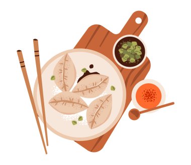 Geleneksel Çin hamur tatlısı ve sıcak bir mekanda soya sosu. Dim sum 'un düz vektör çizimi